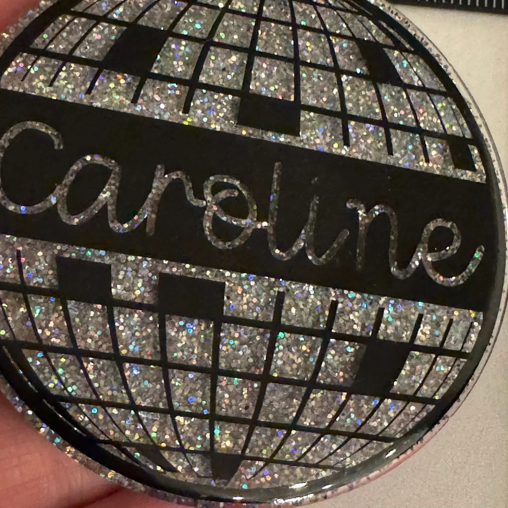 Personalized Caroline Silver Glitter Disco Ball Ornament Keychain Bag Charm‎